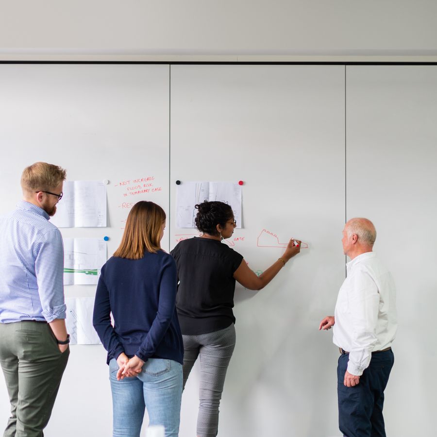 A team collaborating on ideas at a whiteboard