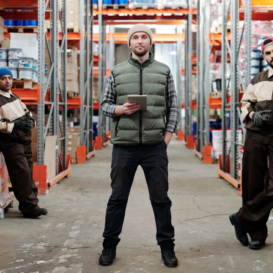 A warehouse team managing inventory in a distribution center